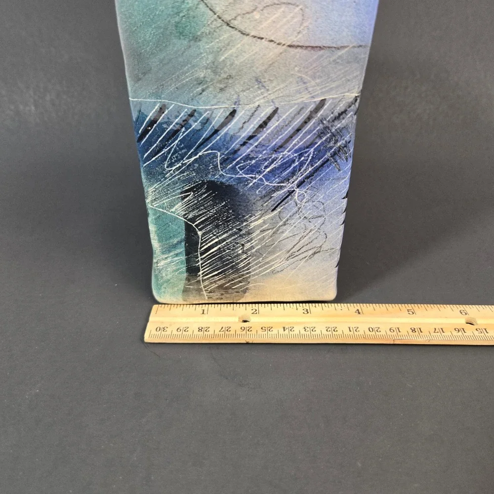 Abstract Studio Pottery Square Vase Signed Artisan Ceramic Slab Built Blue Teal